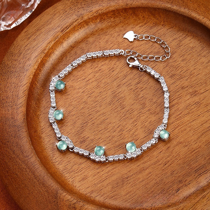 Joyas de agua azul de jade natural s925 pulsera de plata esterlina para mujer, retro de alta gama, sentido exquisito, joyería de plata que no se desvanece