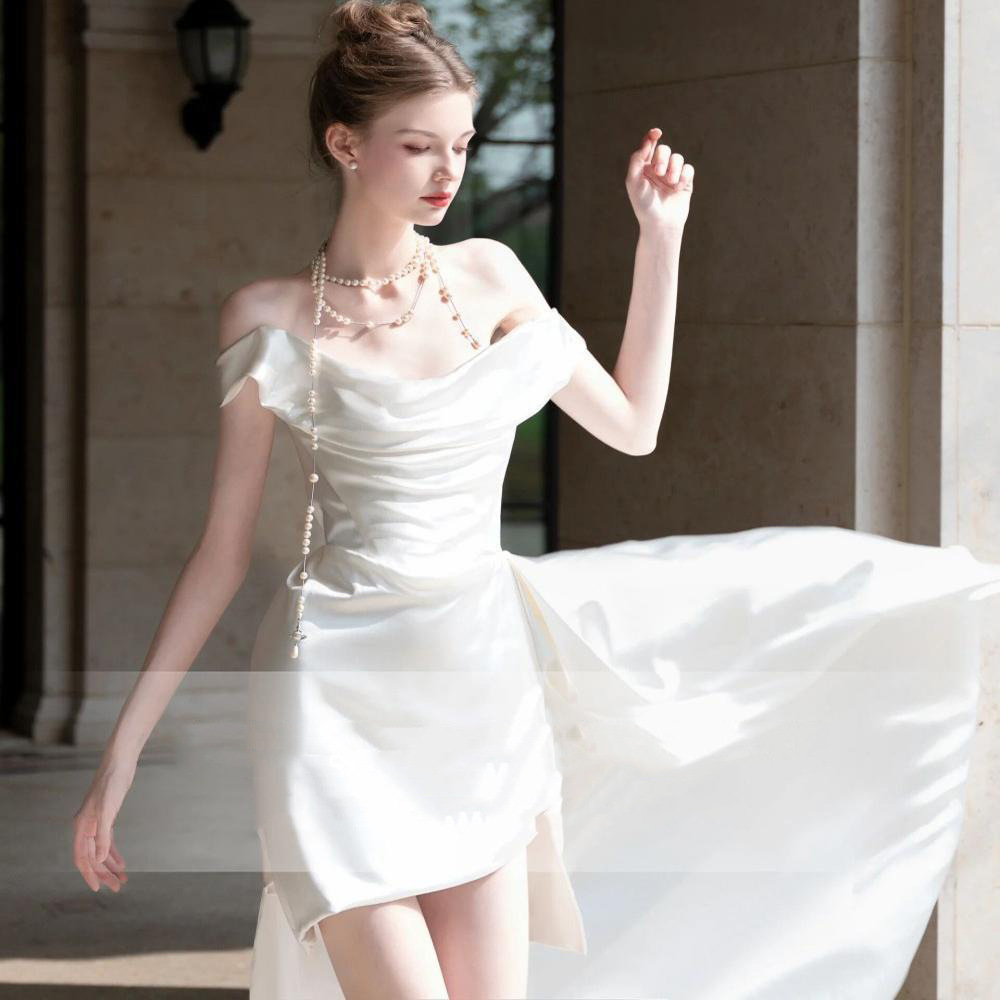 French Style Satin Light Wedding Small Gown White High-end Bride Marriage Engagement Registration Travel Shoot Going Out_ecoleips.com