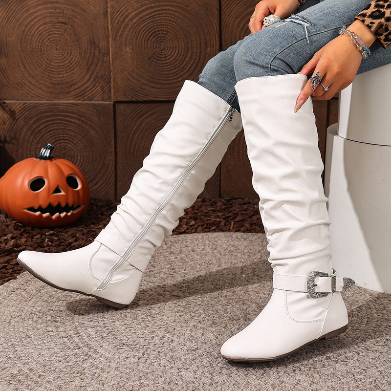 European and American Retro Belt Buckle Commuter Daily High-Top Knee-High Boots Flat Round-Toe Women's Boots Large Size Women's Boots with Side Zipper