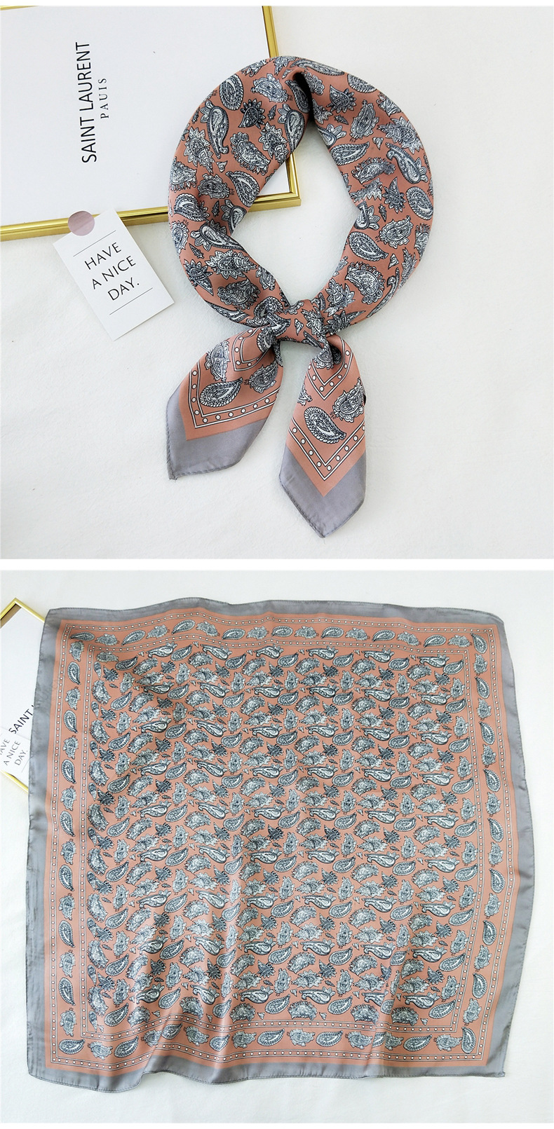 50g Weight Silk Scarf Classification Travel Occasion Silk Material Unisex Gender Printing Design Sweet Style Khaki, Grey, Purple, Red, Green, Blue, Camel, Yellow, Black Color Korean Printing Silk Square Scarf Wholesale 24