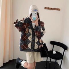 宽松显瘦复古菱格小熊毛衣开衫外套女秋冬外穿2025新款慵懒高级感