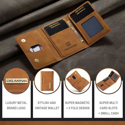 DG.MING Brown Retro Tri-Fold Card Holder, Multi-Card Slot ID Holder, Pocket Money Clip, Magnetic Card Case