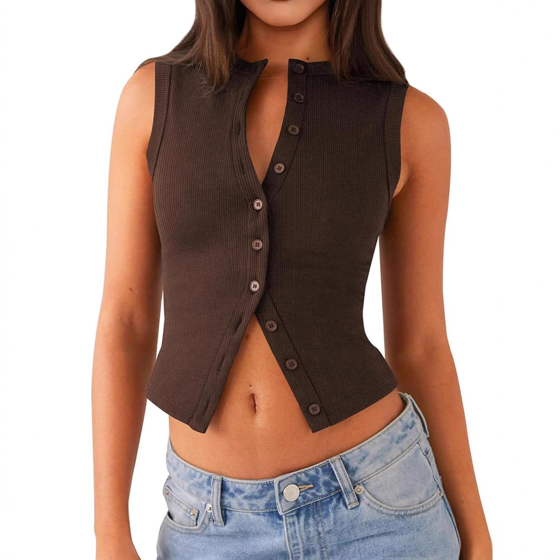 Amazon Cross-Border Spring and Summer Casual Style Versatile Simple Button Vest Top New Temperament Solid Color Threaded Women's Clothing