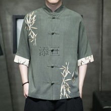 Tg中国风刺绣立领棉麻衬衫男七分袖夏季新款中式复古唐装亚麻居士