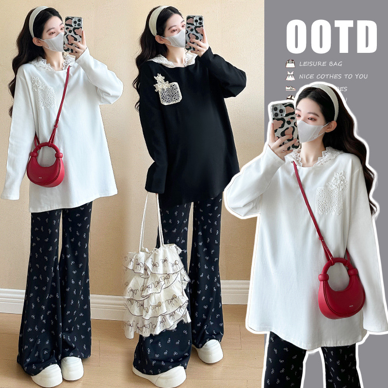임산부 정장 봄 신상 레이스 스티칭 느슨한 긴팔 T + 프린트 플레어 팬츠 임산부 투피스 정장