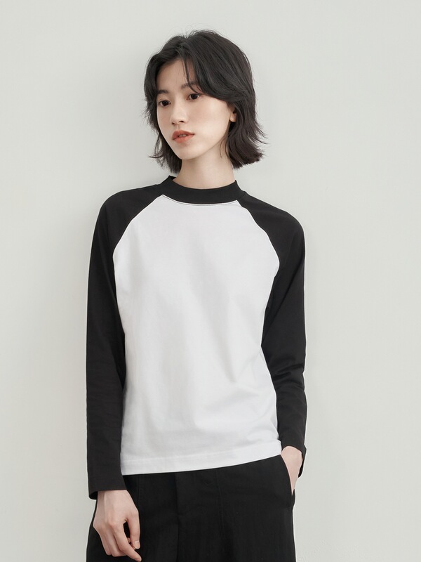 黑白撞色半高领t恤女插肩长袖简约通勤宽松休闲T恤衫叠穿打底上衣|undefined