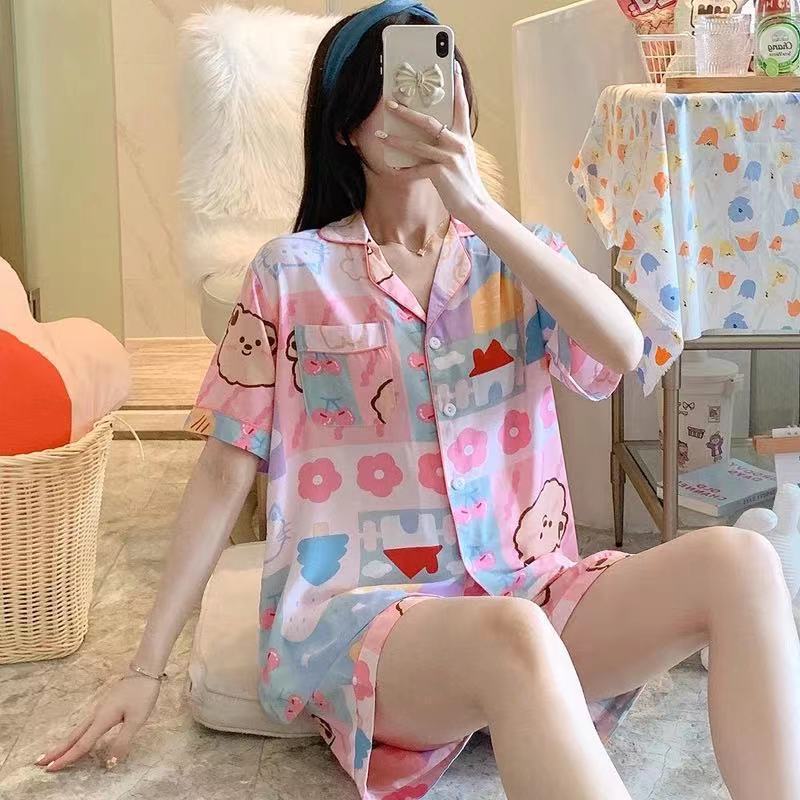 2025 lindo traje de pijama de lunares de oso de estilo ins para mujer cárdigan de cuello redondo de verano suelto y se puede usar en el hogar