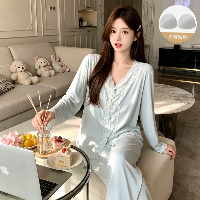Autumn new women's modal lace lapel long-sleeve long-pants pajama set with fixed chest pads Autumn new women's modal lace lapel long-sleeve long-pants pajama set with fixed chest pads