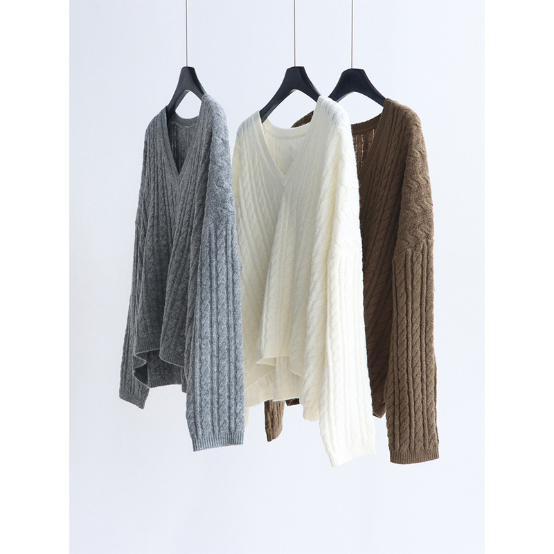 Korean Long-Haired Mohair V-Neck Cable Knit Sweater Loose Lazy Pullover Knitwear 25 Autumn and Winter Pullover Top for Women