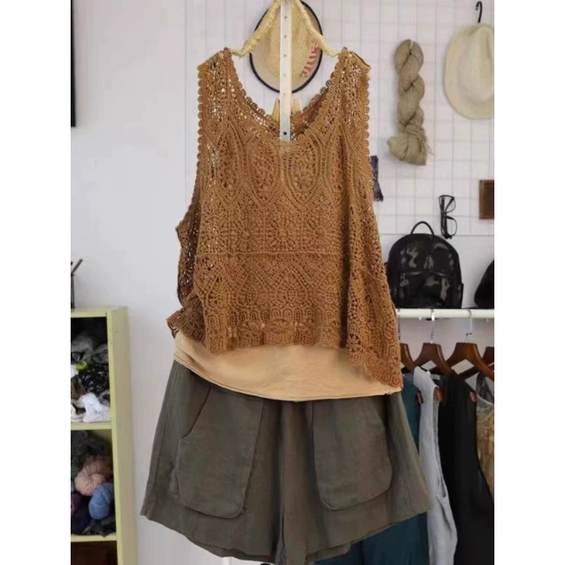Cotton summer retro knitted thin vest sleevless