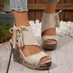 2025 Foreign Trade Summer New Women's Wedge-Heeled Thick-Soled Sandals Cross-Border Large Size Fish Mouth Tassel Side Zipper Sandals