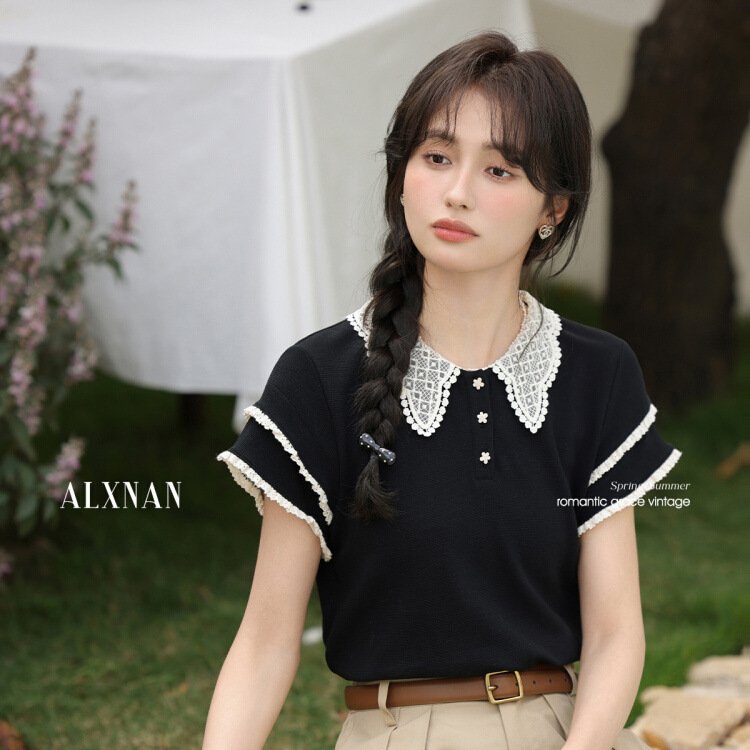 Lu Xiangnan "Song of the Fog" Sweet College-Style Lace Collar Color-Blocked Short-Sleeved T-Shirt for Women 2026 Summer Top