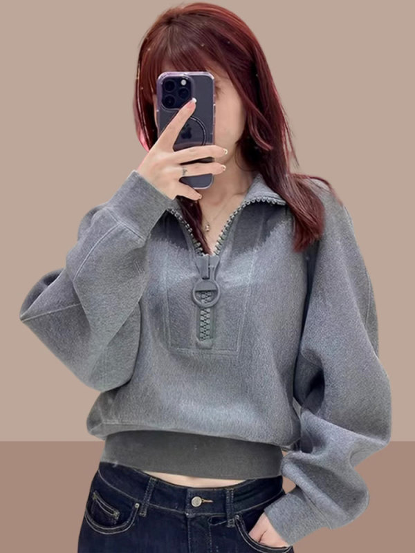 秋季短款灰色卫衣女高级感超好看立领半拉链小众oversize外套潮牌|undefined