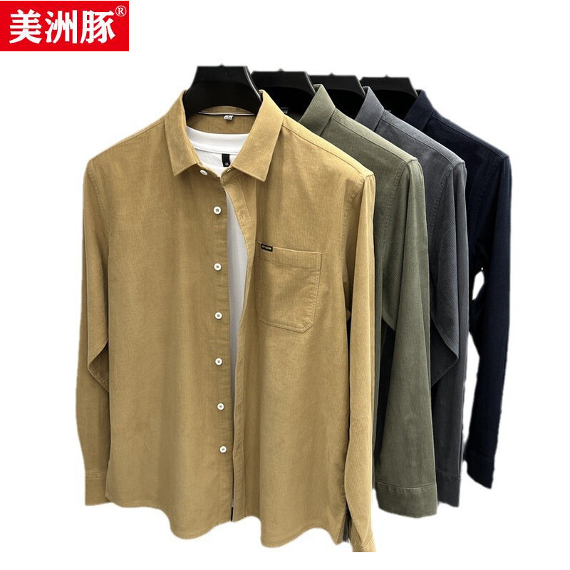 Counter Same Style Men's Spring and Autumn Wearable Cotton Pure Men's Long Sleeve Casual Shirt Corduroy Pocket Work Shirt