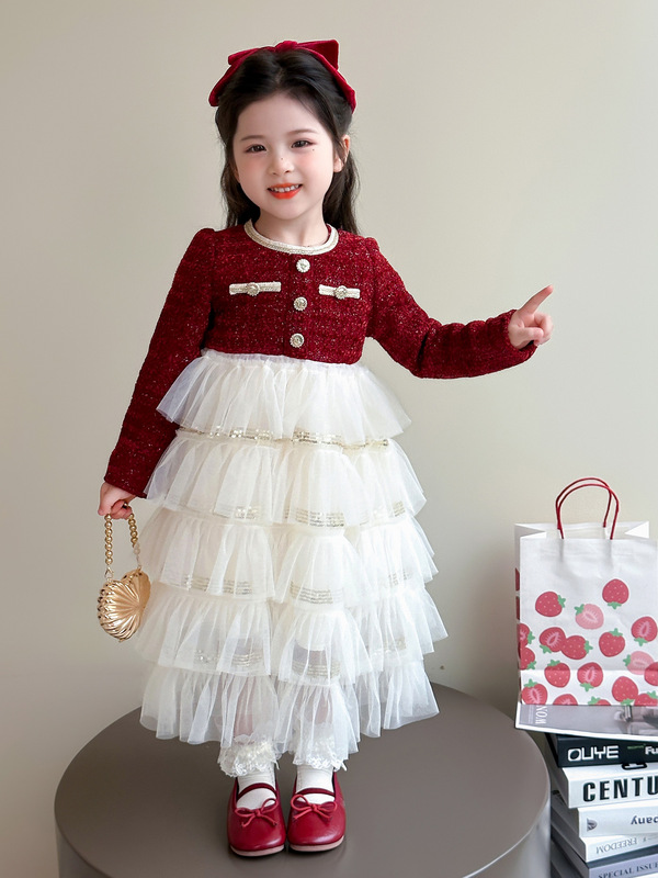 女童小香风连衣裙春秋装2025新款儿童公主裙连衣裙女孩网纱蛋糕裙|undefined