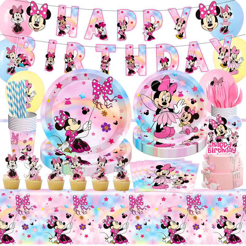 Polka Dot Pink Minnie Paper Plates Birthday Party Decorations Banner Cake Topper Balloons Mickey Mouse Tableware Paper Cups