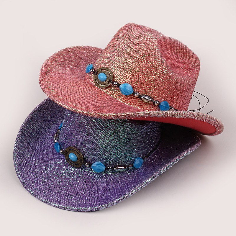 Vento vaquero occidental primavera y verano nicho personalidad de seda brillante sombrero vaquero de poliéster fiesta al aire libre escenario cos jazz