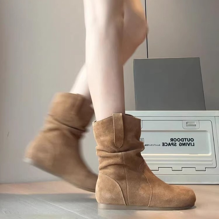 ソフトレザーバージョン〜ショートブーツレディースレトロウエスタンカウボーイブーツ2025秋新作プリーツパイルブーツチェルリースリムブーツ|undefined