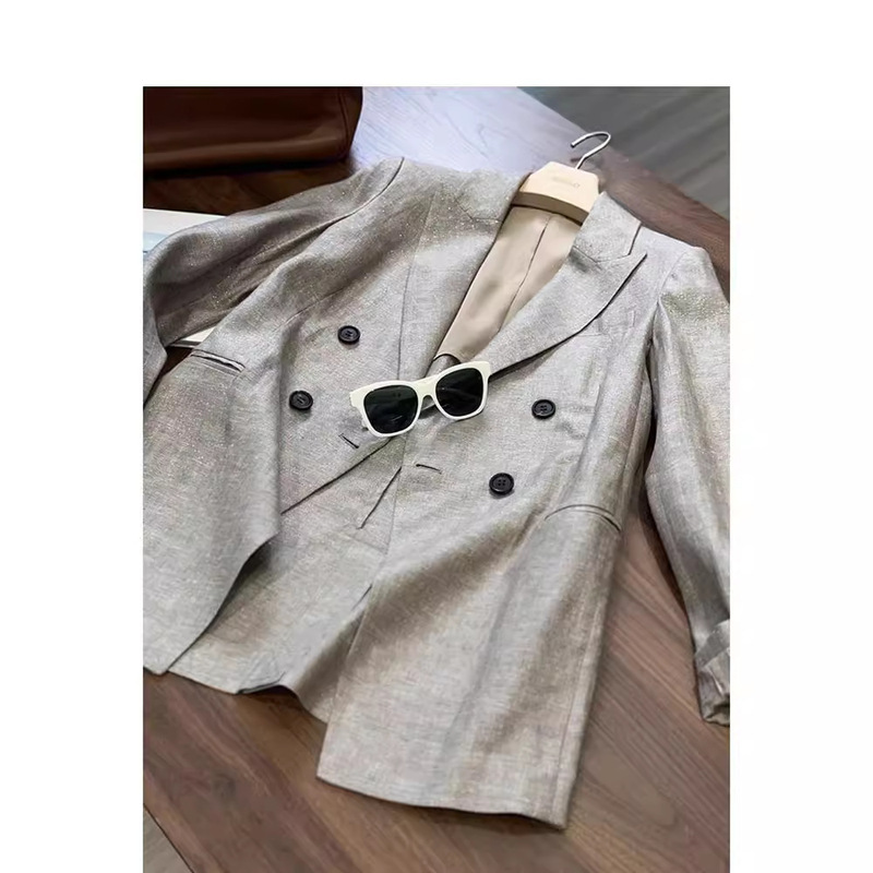 Spot Heavy Weight B and C Custom Zhi Gold and Silver Wire 2024 Spring & Fall New Fashion Sub-Linen Suit + Pants Suit for Women