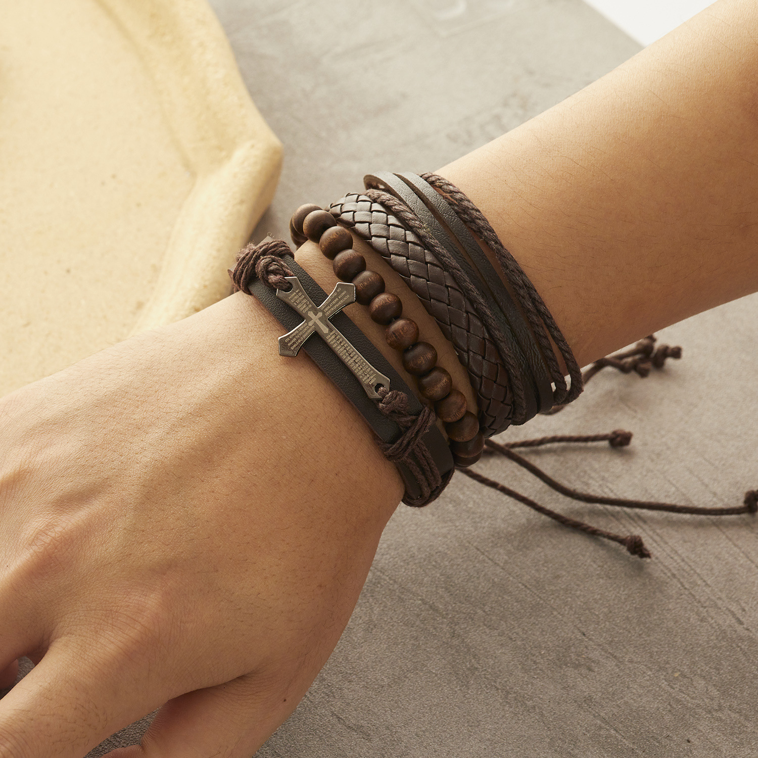 Fashion Cross Heart Shape Pu Leather Knitting Menu0027S Bracelets 1 Set