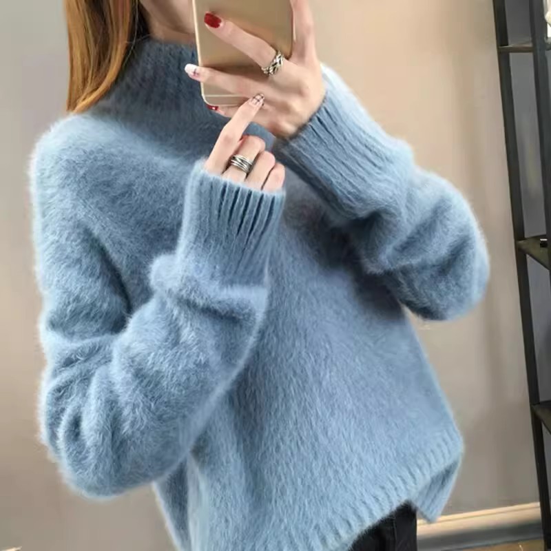 半高领毛衣女水貂绒秋冬季新款加绒加厚针织衫套头上衣宽松打底衫|undefined