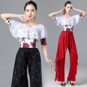 Women Girls Red floral latin dance clothing adult female latin salsa rumba chacha performance tops and flowys fringe pants Latin dance training suit for Female