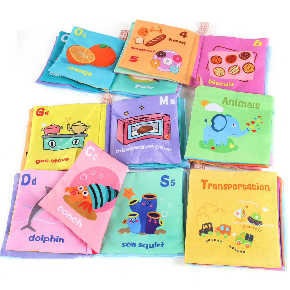 Cuatro libros de tela tridimensionales transfronterizos para bebés juguetes de educación temprana 4 caras 8 páginas libros de palma de frutas y alimentos animales cognitivos libros de tela para bebés