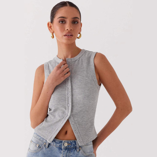 2025 Amazon TK Cross-border Women's Clothing Summer Y2K Slim Fit Hot Girl Sleeveless Round Neck Ribbed Button Vest 