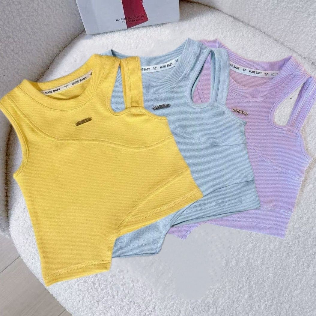 Girls' summer vest, stylish and trendy, irregular patchwork, off-shoulder, short and slim fit, street dance style.