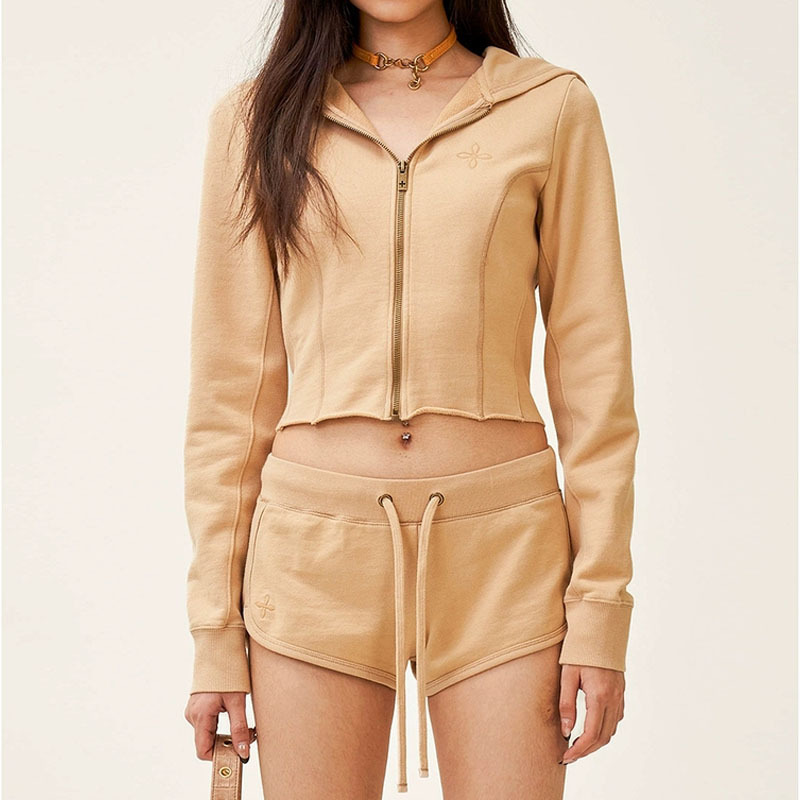 Smkk Slim Fit Sports Hoodie Zipper Sweatshirt Hooded Jacket Cardigan Women's Summer Sports Jogging Shorts