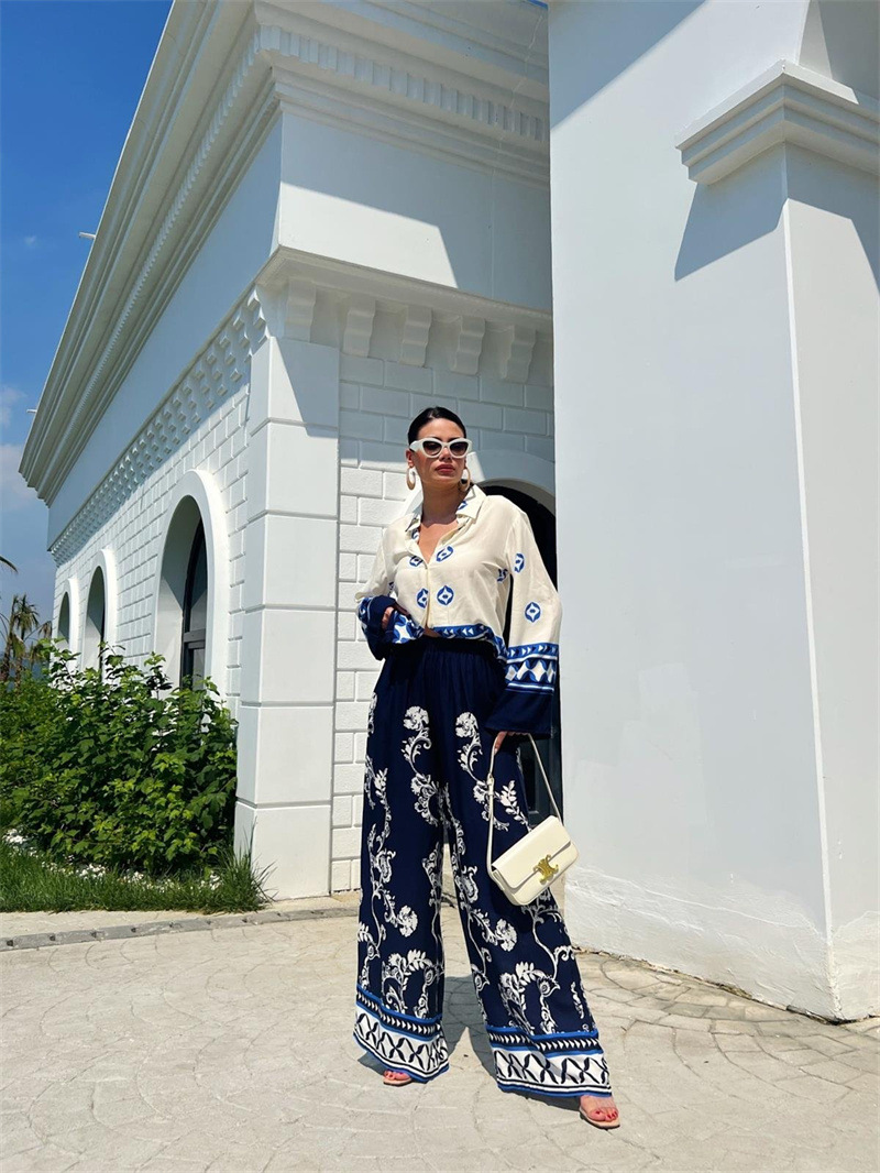 312g Weight Long Sleeve Sleeve Length Holiday Women's Vacation Color Block Polyester Printing Pant Co-ord Set Pants Sets