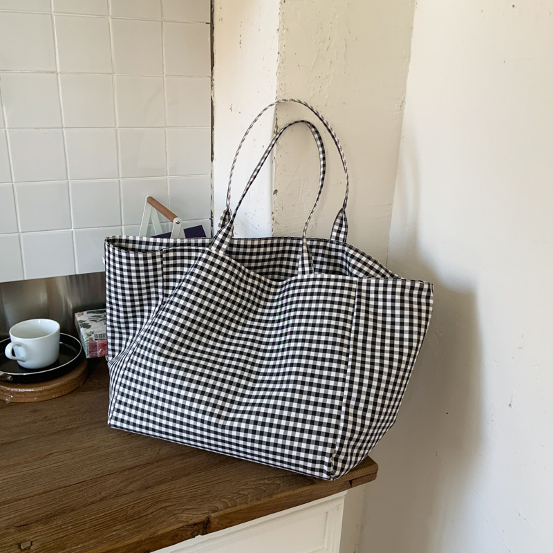 Summer Ins Fashion Literary Lazy Style One-Shoulder Shopping Bag Is Popular This Year Large-Capacity Plaid Canvas Tote Bag Summer Ins Fashion Literary Lazy Style One-Shoulder Shopping Bag Is Popular This Year Large-Capacity Plaid Canvas Tote Bag