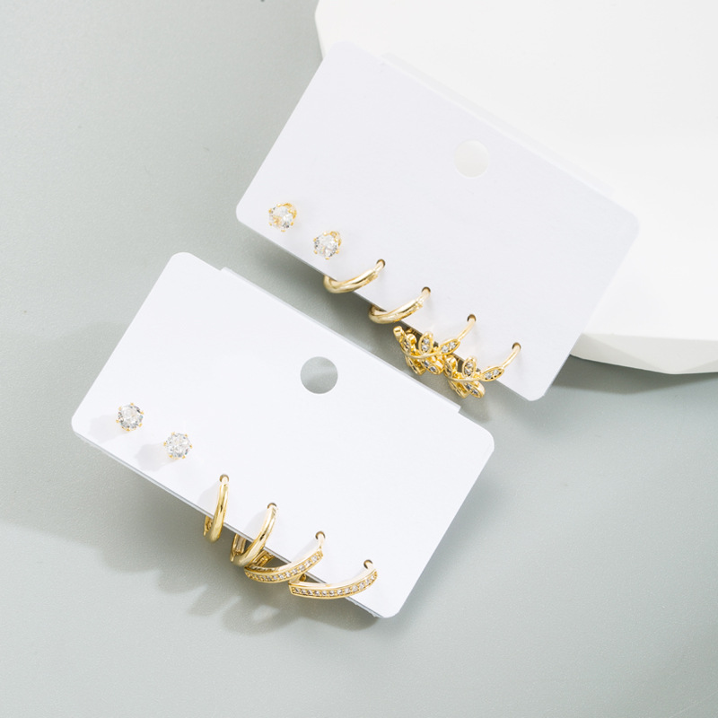 Fashion C Shape Leaf Copper Inlay Zircon Hoop Earrings 6 Pieces