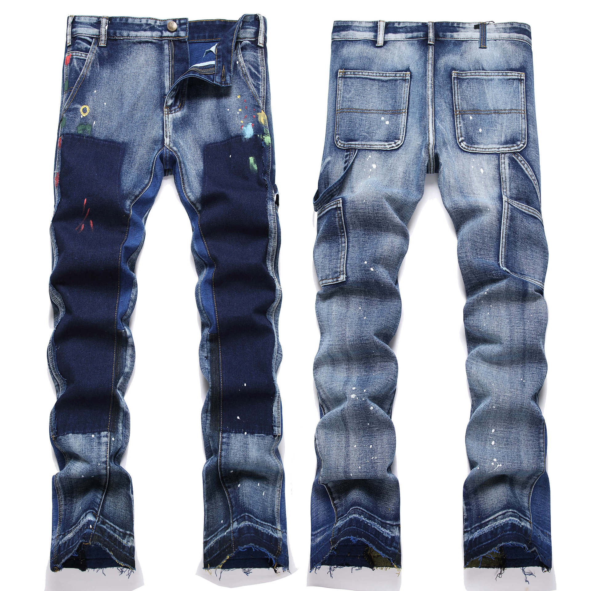 Men's Clothing punk blue multi pocket stitching loose non elastic straight tube micro flared men's jeans trend 3666_voghion.com