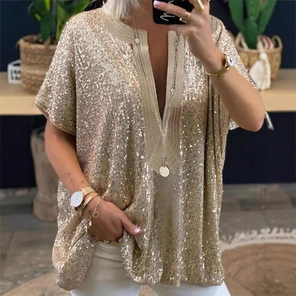 Abbigliamento donna casual, camicetta a maniche corte con scollo a V e paillettes, vestibilità ampia, top con scollo a V profondo per abbigliamento casual_voghion.com