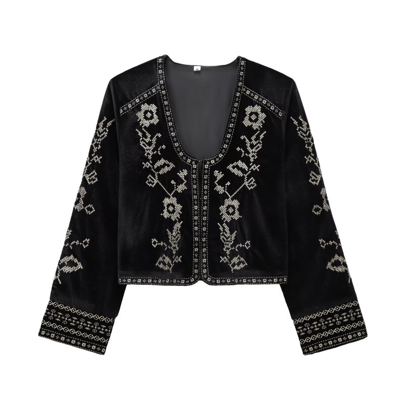 Amazon卸売春の新作婦人服クロスボーダーヨーロッパとアメリカンスタイルの刺繍ベルベット長袖ジャケット|undefined