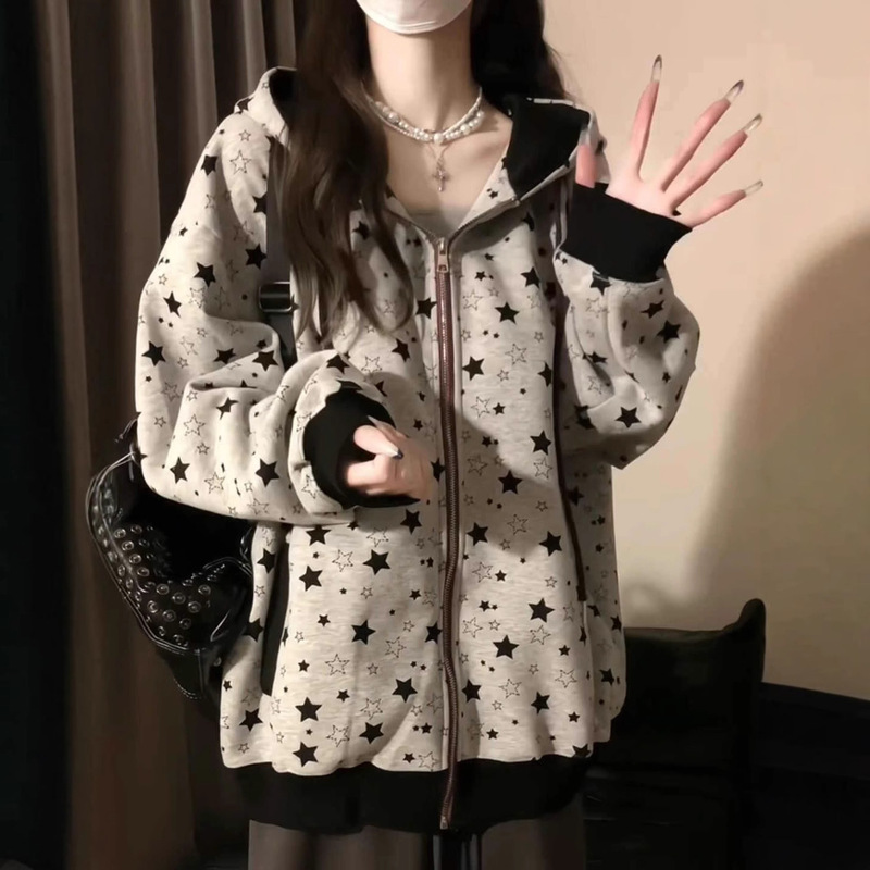 美式高街星星满印连帽卫衣女春秋新款宽松学院风拉链开衫外套上衣|undefined