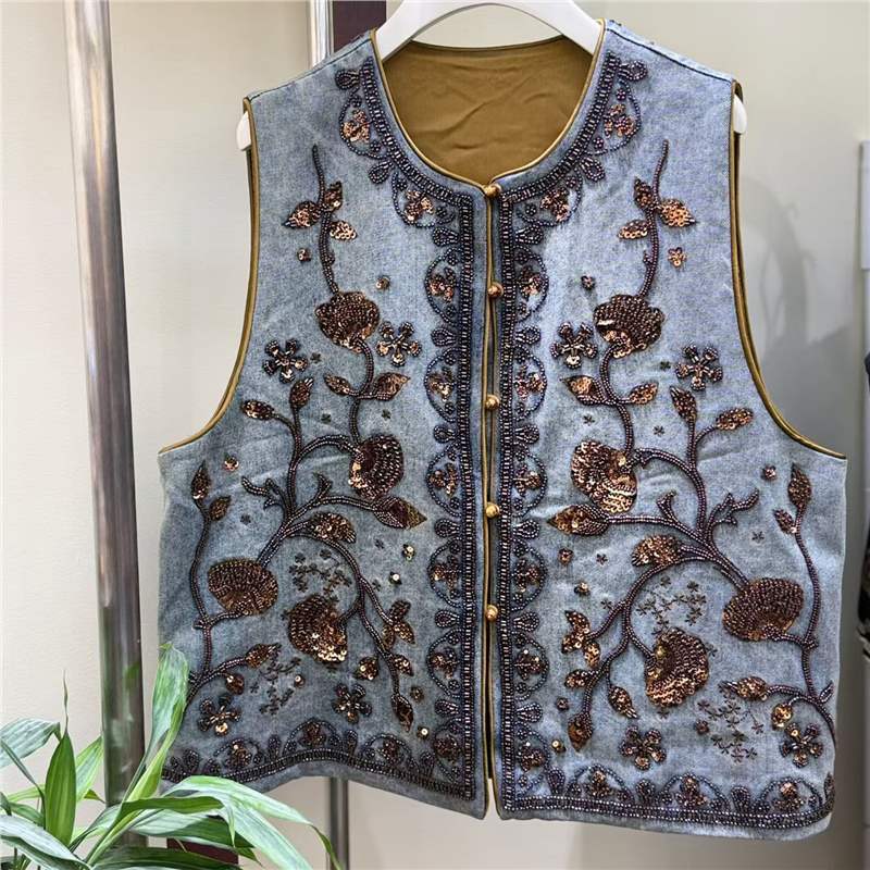 Nuevo estilo chino de la industria pesada bordada sequinilla clavado chaleco de vaqueros primavera nuevo plegado lujo ligero camisa de hombro para mujeres image 6