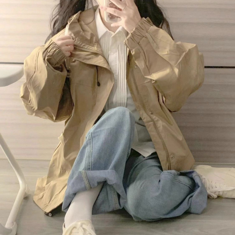 2025新款学院风休闲连帽冲锋衣女春秋款百搭美式工装冲锋衣外套女|undefined