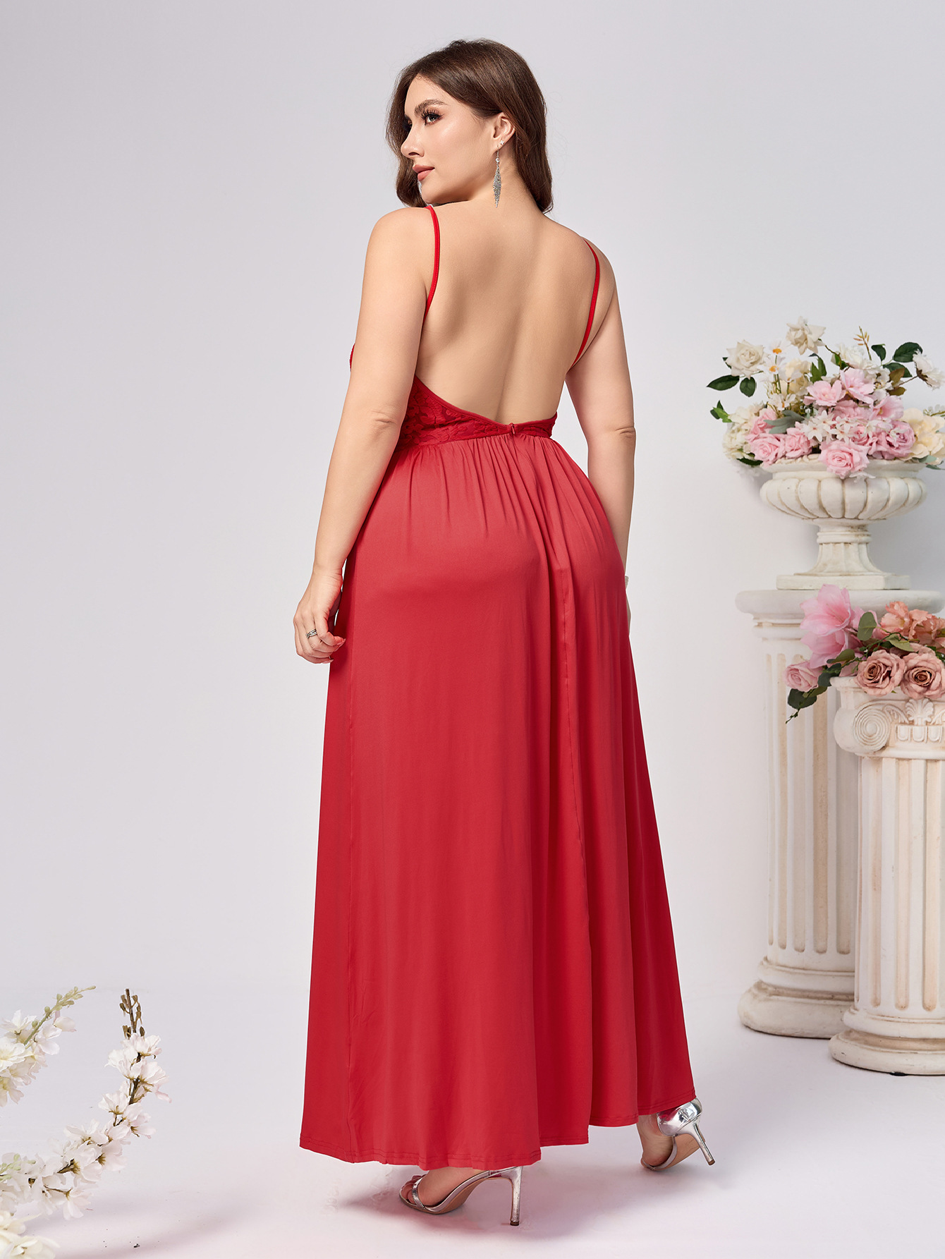 Transfronterizo europeo y americano color sólido rojo sexy vestido de falda larga vestido de noche de mujer