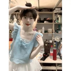 日系奶乖软妹蓝色小飞袖针织背心女夏季小个子短款减龄蝴蝶结上衣