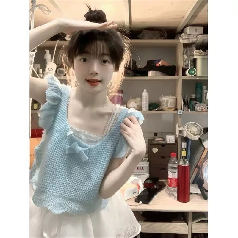 日系奶乖软妹蓝色小飞袖针织背心女夏季小个子短款减龄蝴蝶结上衣|undefined