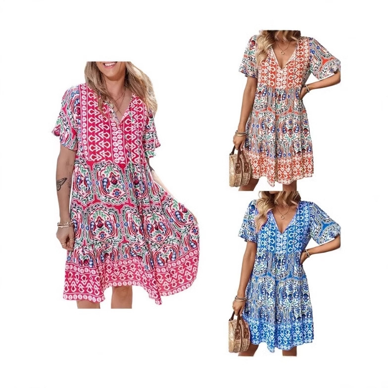 2025 European and American Cross-border Spring V-neck Printed Lace Stitching Bohemian Leisure Holiday dress 2025 European and American Cross-border Spring V-neck Printed Lace Stitching Bohemian Leisure Holiday dress