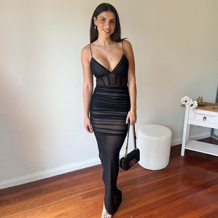 202 Summer New European and American Sexy V Neck See-Through Gauze Slit Suspender Dress Cross-Border