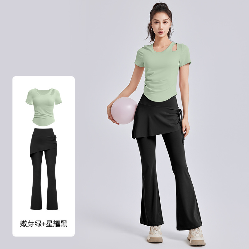 Juyitang Ropa de yoga hueca Camisa deportiva delgada de manga corta para mujer Traje de fitness de Pilates de entrenamiento para correr