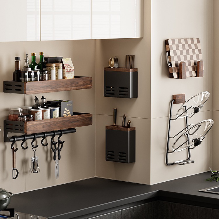 Hole-free multi-layer knife holder pots, chopsticks and spoon storage rack walnut kitchen storage rack spice rack wall-mounted