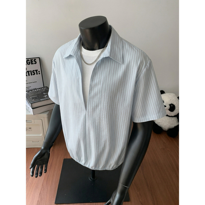 Fake Two-Piece V-Neck Vertical Striped Shirt for Men, Summer Elastic Hem Sleeve Shirt H1192 Special 530