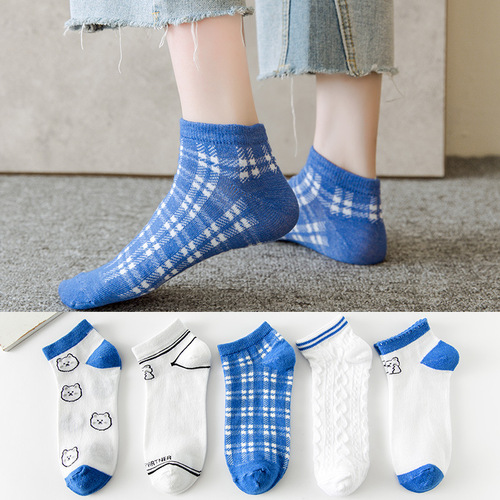 Girly Cute Blue Bear Shallow Mouth Breathable Socks Female Spring Student Fashion Cartoon Sweat-Absorbent Low-top Socks