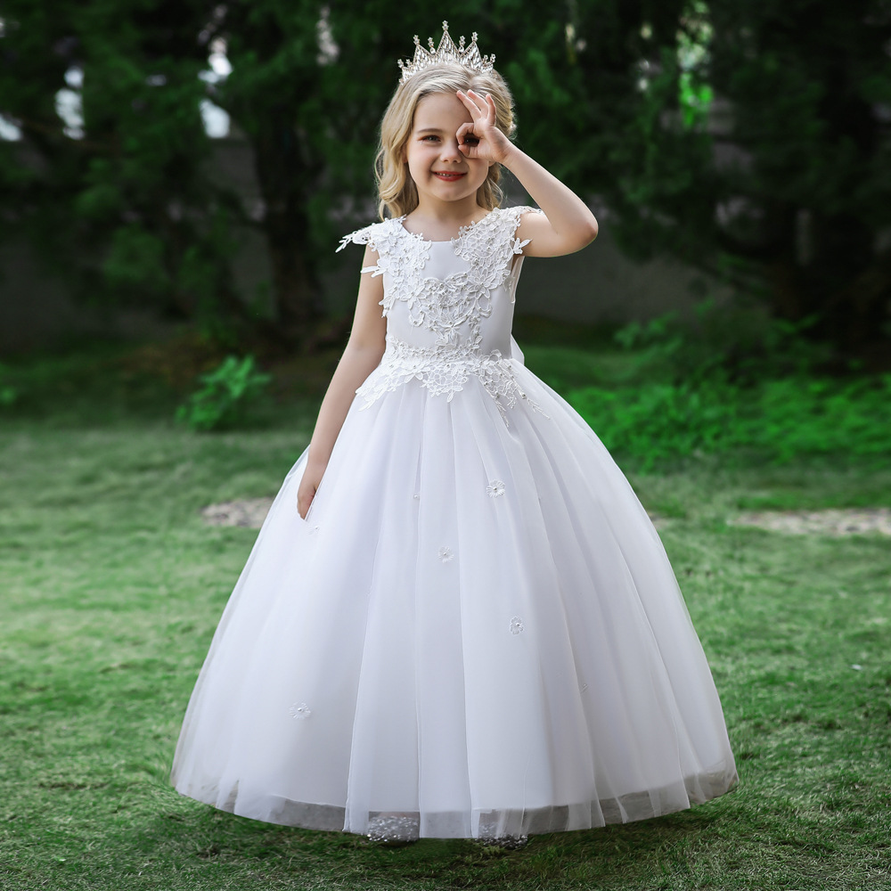 Nuevo vestido de los niños vestido de princesa bordado sin espalda arco grande flor niña vestido de novia anfitrión chica vestido de pasarela