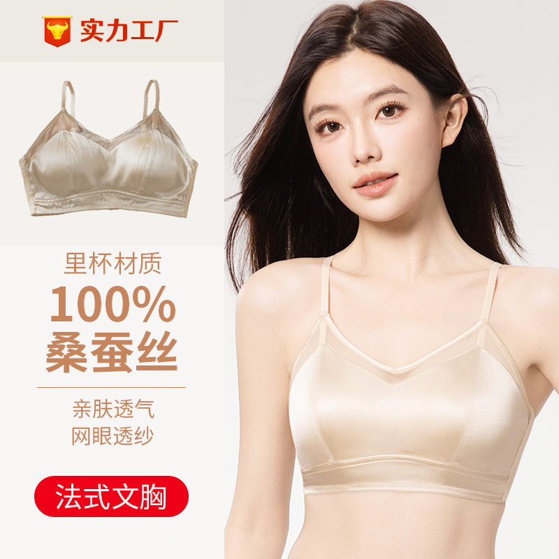 Mesh Silk Bra, Triangle Cup, French Style Mulberry Silk Bra, Lightweight Three-Row Buckle, Beautiful Back, No Steel Ring Underwear for Women